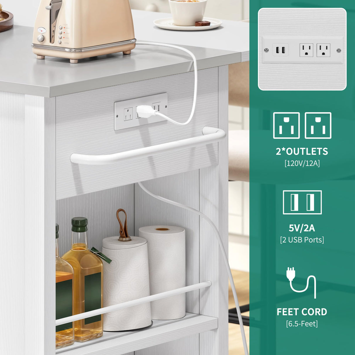 YITAHOME Kitchen Island with Stainless Steel Top & Drop Leaf, 47 Inch Kitchen Island on Wheels with Power Outlet, Rolling Portable Mobile Kitchen Cart w Storage Drawer Cabinet Counter Metal Top, White YITAHOME