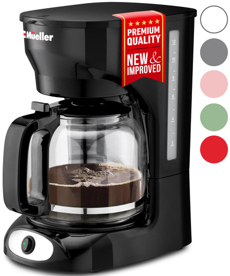 Mueller 12-Cup Drip Coffee Maker - Borosilicate Carafe, Auto-Off, Reusable Filter, Anti-Drip, Keep-Warm Function, Clear Water Level Window Coffee Machine, Ideal for Home or Office MÜELLERHOME