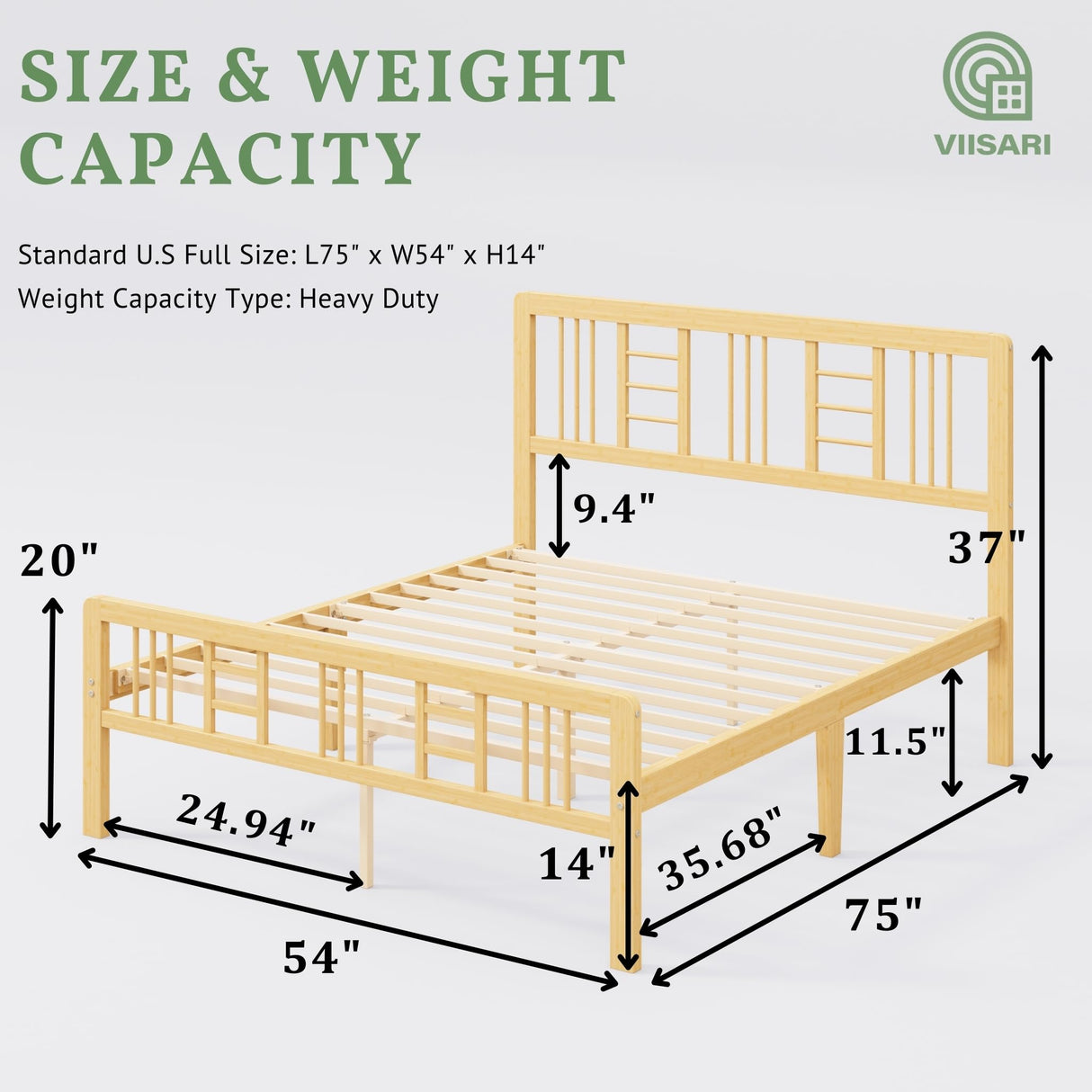 Viisari Bamboo Wood Bed Frame Full with Headboard and Footboard, 14 Inch Platform Full Size Bed Frame with Steel Slats, Solid Foundation, Easy Assembly, Ample Under-Bed Storage, Noise-Free Viisari