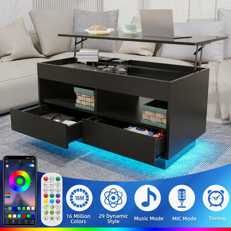 HOMMPA LED Coffee Tables for Living Room 2 Piece Set, Lift Top Coffee Table and LED TV Stand with Power Outlets for up to 70" TV, Coffee Table with Hidden Compartment & 2 Open Shelve & 2 Drawers Black HOMMPA