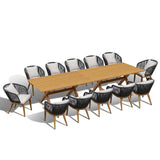 PURPLE LEAF 14 Pieces Patio Dining Set Wicker Outdoor Furniture Rectangular Table and Chairs Set for Garden Deck Teak-Finish & Grey Aluminum Frame Backyard Kitchen Set, Cushions and Pillows Included PURPLE LEAF