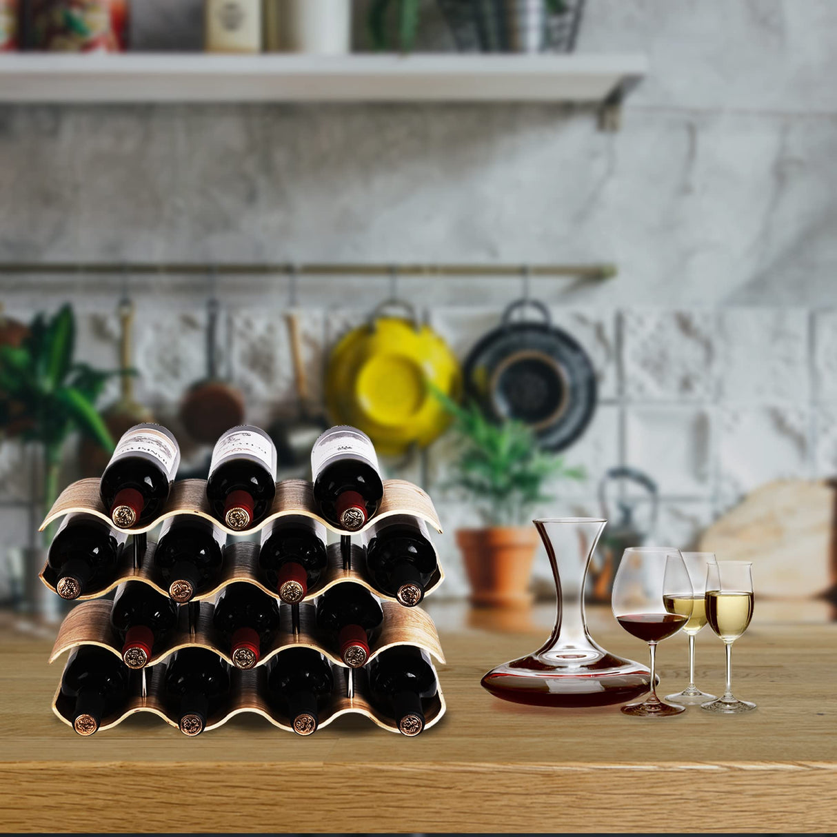 TRUDING Countertop Wine Rack - 14 Bottle Freestanding Wine Bottle Holder Stand - 4 Tier Wooden Wine Storage Rack - Wavy Wine Organizer for Cabinet Pantry Home Kitchen Bar TRUDING