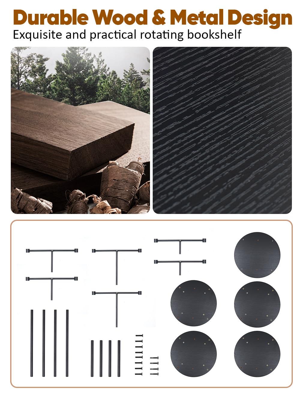 Rotating Bookshelf Tower, 4 Tier Corner Bookshelf for Small Space, 360 Display Spinning Bookcase, Floor Standing Book Shelves Storage Rack Narrow Round Book Shelf Organizer for Bedroom, Living Room Turosur