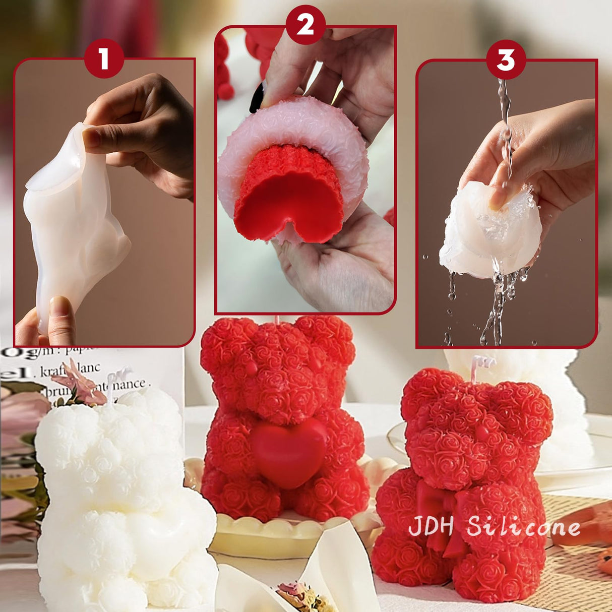 2PCS Rose Bear Silicone Mold,3D Teddy Bear Candle Making Molds,Silicone Epoxy Resin Mould,Ornament for DIY Wax Candle Art Craft Cake Chocolate Home Decor Valentine Gifts Birthday Gift（MINI） JDH Silicone