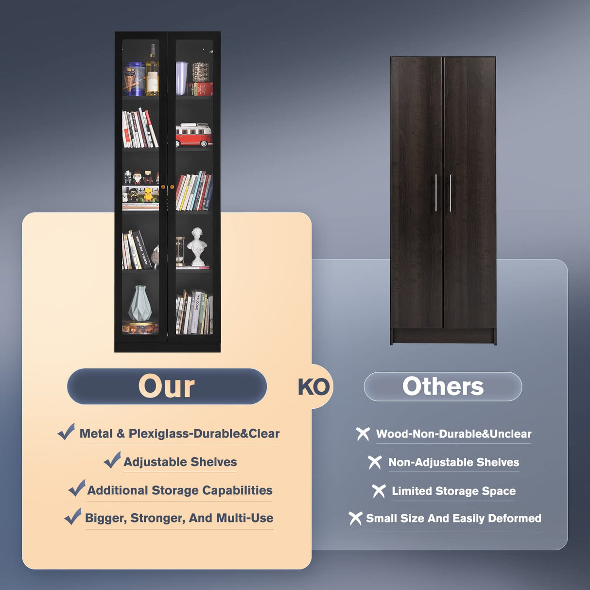 Alvisyd 5 Tier Metal Curio Cabinets, Modern Bookshelf Cabinet with 4 Adjustable Shelves, Cabinet Display Case for Home Office, Living Room, Pantry (Black) Alvisyd