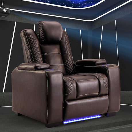 ANJ Power Home Theater Seating Recliner Chairs, PU Leather Recliner with Cup Holder, Electric Movie Theater Reclining Chairs with Adjustable Powered Headrest, LED Lights, Hidden Arm Storage (Brown) ANJ