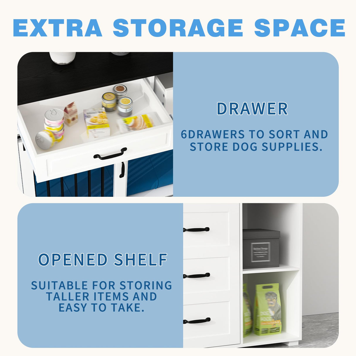 Lovinouse Large Dog Crate Furniture, 67" Wooden Dog Crates Kennel Furniture with Sliding Door, Storage Shelves and Drawers for Small, Medium and Large Dog, White+Black Tablet Lovinouse