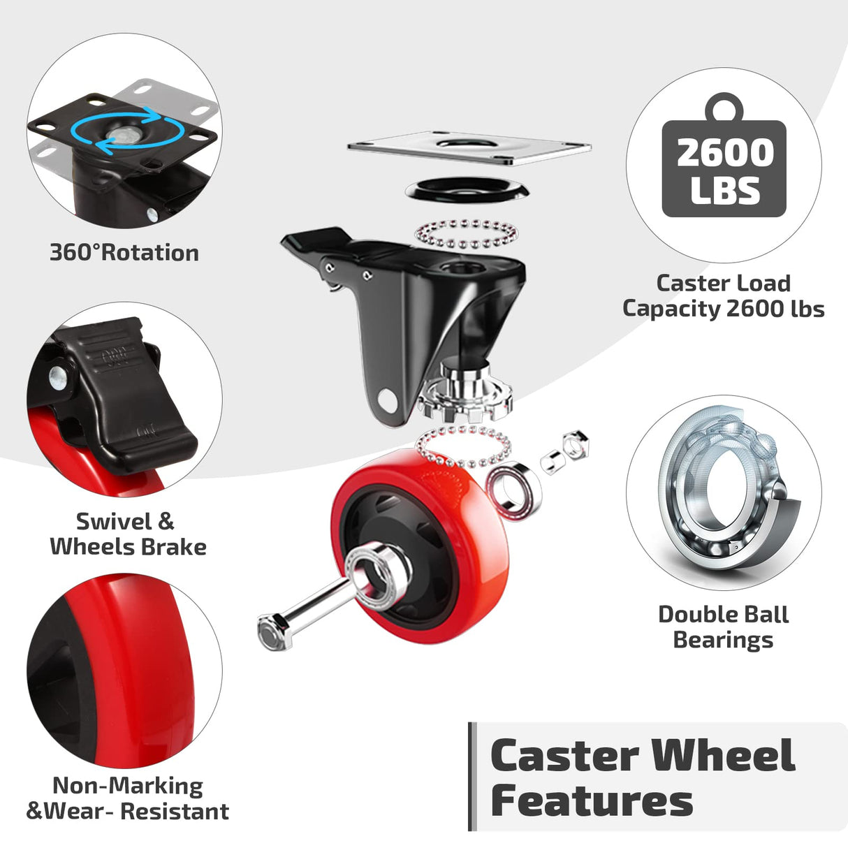 Nefish 6 Inch Heavy Duty Caster Wheels, Industrial Casters Set of 4, Locking Industrial Swivel Top Plate Casters 2600 Lbs, 360 Degree Industrial Grade Casters for Industrial, Furniture, Equipment Nefish