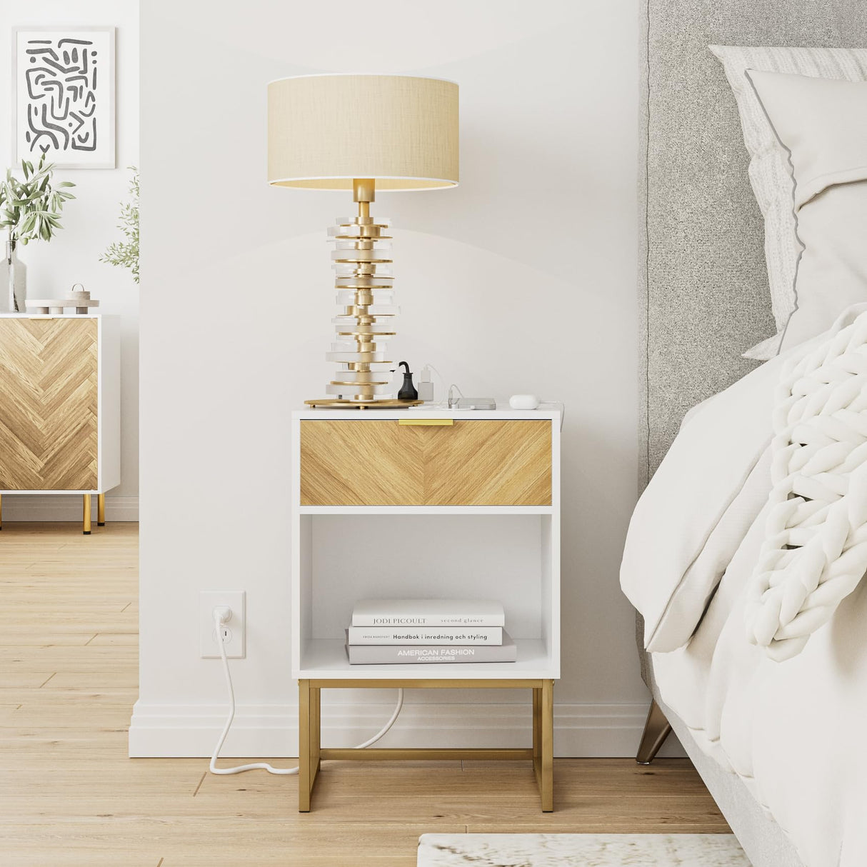 Masupu Night Stand with Charging Station,Modern Nightstand Boho Farmhouse Wood Bedside Table with Storage Drawer Side End Table for Bedroom,Living Room,Office,White with Outlet Masupu