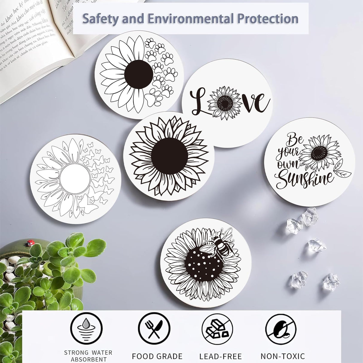 Paint Your Own Sunflower Coaster with Markers,Teens Arts and Crafts Kit,6 Absorbent Ceramic Tiles with Cork Base,DIY Painting Kit Sunflower Gifts for Women,Craft Enthusiasts All Ages,Seniors,Adults DoYoMo