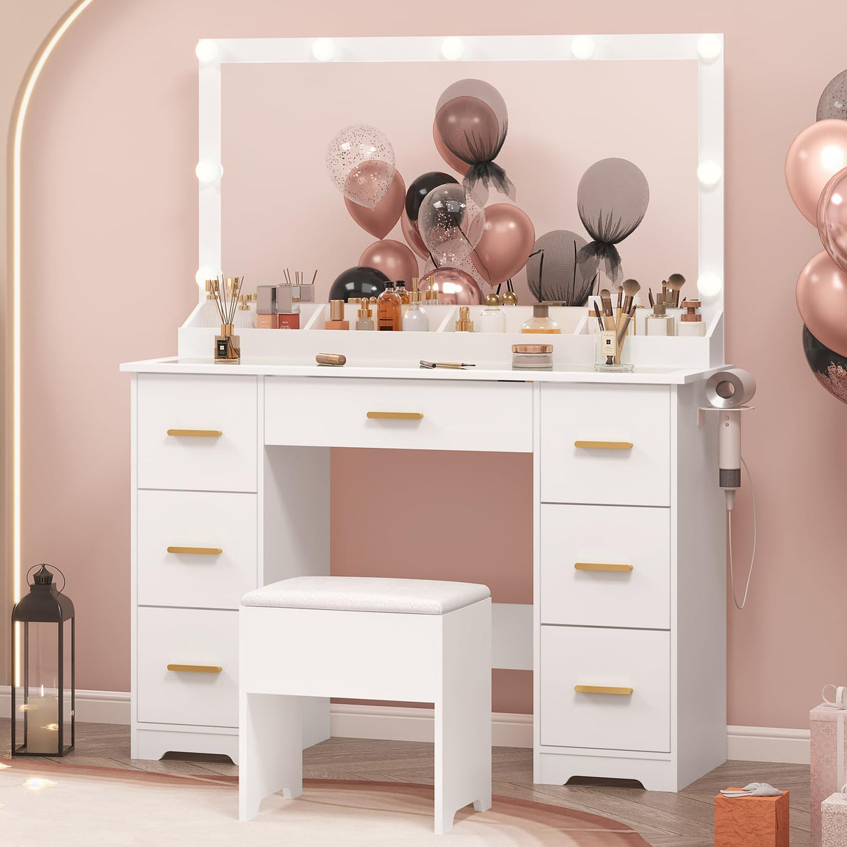 METOTI Vanity Desk with 38" Large Mirror and 9 LED Lights & Glass Top and Power Outlet, Adults Makeup Vanity with Chair and 7 Storage Drawers, Dressing Table Set for Bedroom, Modern White METOTI