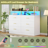 AOGLLATI White Dresser for Bedroom with Column Design, Charging Station, Modern 6 Drawer Wide Led Dresser for Bedroom,White AOGLLATI