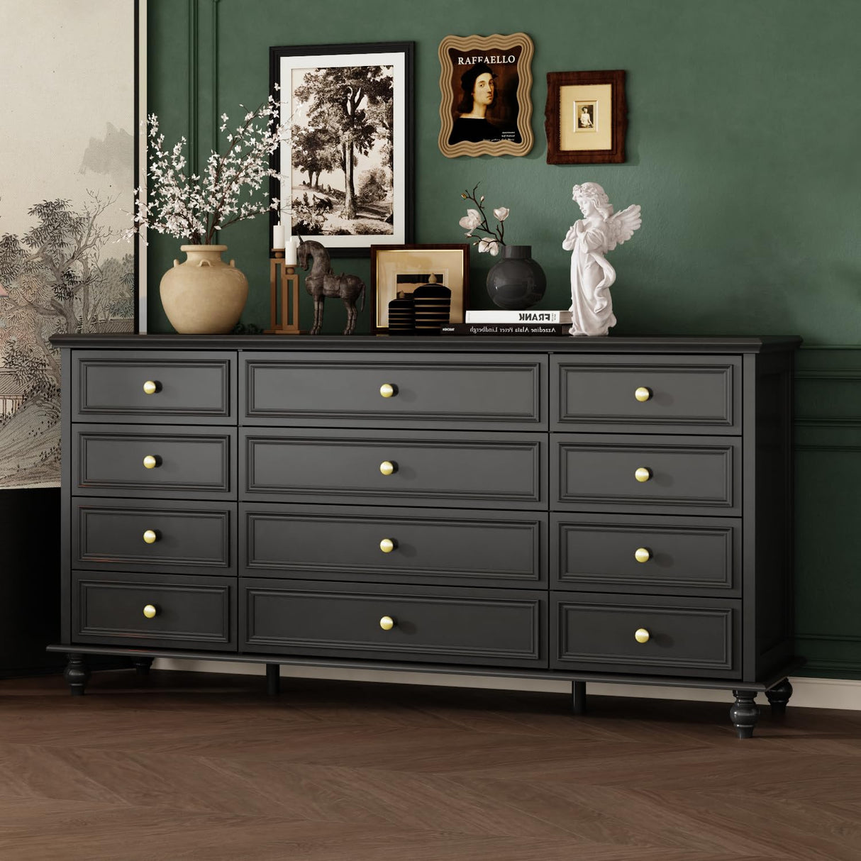 ROMSHINE 12 Drawers Dresser for Bedroom, 63" Wide Chesst of Drawers with Wooden Legs, Traditional Closet Storage Dressers Organizer, Bedroom Dresser for Closet, Living Room, Hallway, Black ROMSHINE