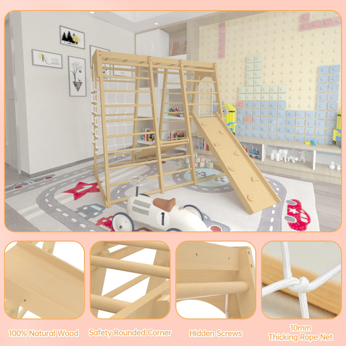 Indoor Jungle Gym, Montessori Climbing Toys, Toddler Indoor Playground Set 8-in-1 with Swing, Armband, Rock Climb Wall, Slide, Monkey Bar, Wood & Rope Ladder, Rope Wall Ladder for Kids 1-8yrs LunaQuest