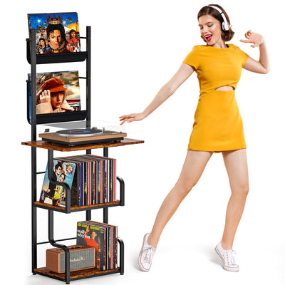 TJ.MOREE Record Player Stand with Vinyl Storage, Tall Record Player Table with Rack Turntable Stand and Record Holder Vinyl Display Shelf up to 210 Album, Corner Record Player Cabinet Organizer