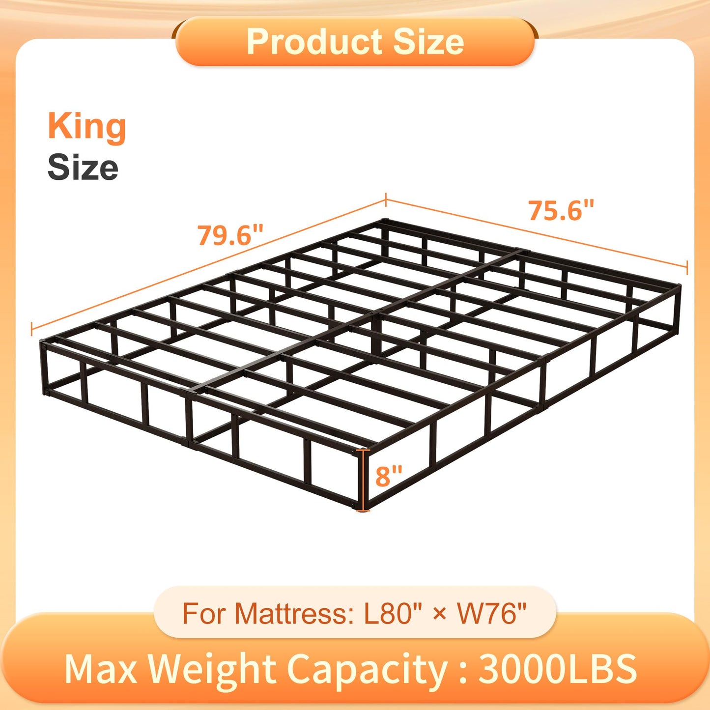 Husleephu King Box Spring 8 Inch, High Profile Metal Box Spring King Bed Base with Fabric Cover, Sturdy Mattress Foundation, Easy Assembly, Noise Free, Black