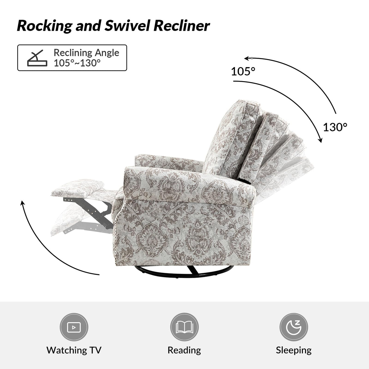 HULALA Home Swivel Rocker Recliner Set of 2, Modern Printed Fabric Swivel Recliner Chair for Adults Glider with Adjustable Backrest & Footrest, Beige HULALA HOME