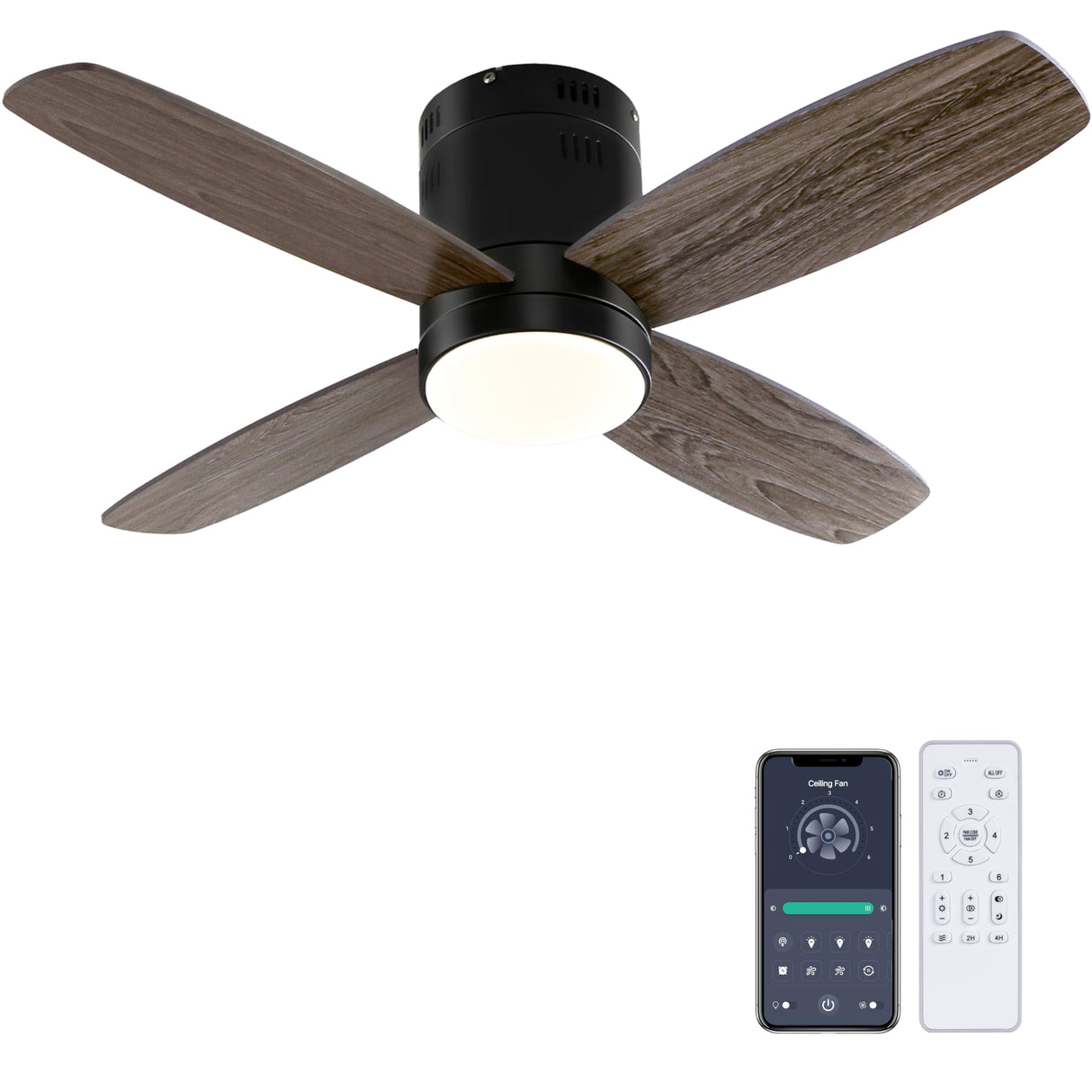 Ohniyou Ceiling Fan with Lights - 38'' Small Flush Mount Ceiling Fans Remote & APP Control - Dimmable Indoor Outdoor Quiet DC Low Profile Ceiling Fan for Patio Kitchen Bedroom(Black) Ohniyou