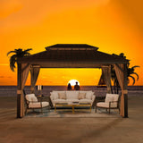 Yardsight 10' x 14' Hardtop Gazebo, Aluminum Frame Pavilion with Galvanized Steel Double Roof Heavy Duty Permanent Gazebo with Mosquito Netting and Privacy Curtain for Patio, Garden, Lawn. Yardsight