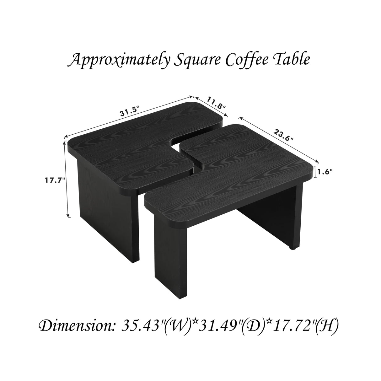 FIVEGIVEN Black Modern Coffee Table - Modular L Shaped Convertible to Square/Rectangle, 47.2 Inch Wooden Coffee Table with Rounded Corners & Adjustable Feet FIVEGIVEN