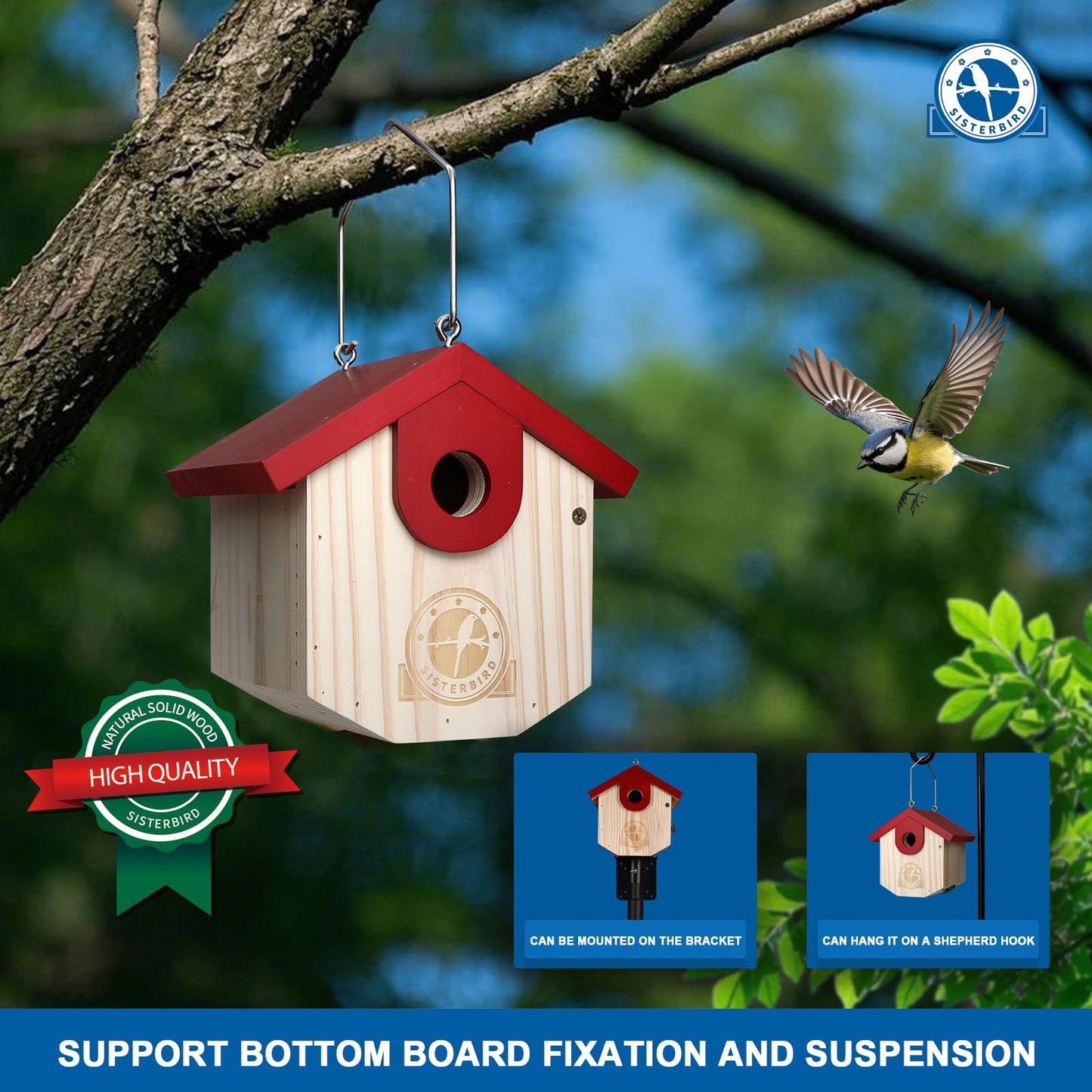 SISTERBIRD Wren Bird Houses for Outside Cedar Hanging Birdhouses for Outdoors 1-1/8" Entrance Hole Bird Houses for Outside Clearance Wooden Nesting Box Chickadee Predator Guard, Red