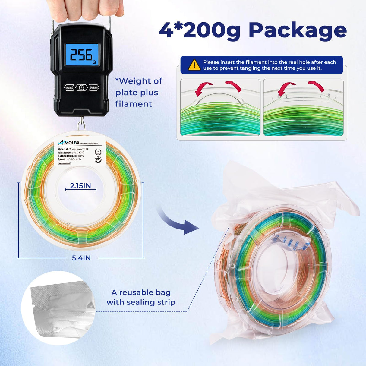 AMOLEN TPU 3D Printer Filament Bundle, Transparent Multicolor Rainbow TPU 1.75mm, Color Change Flexible Soft TPU 3D Printing Filament Supports High Speed, 200gX4 Spools AMOLEN