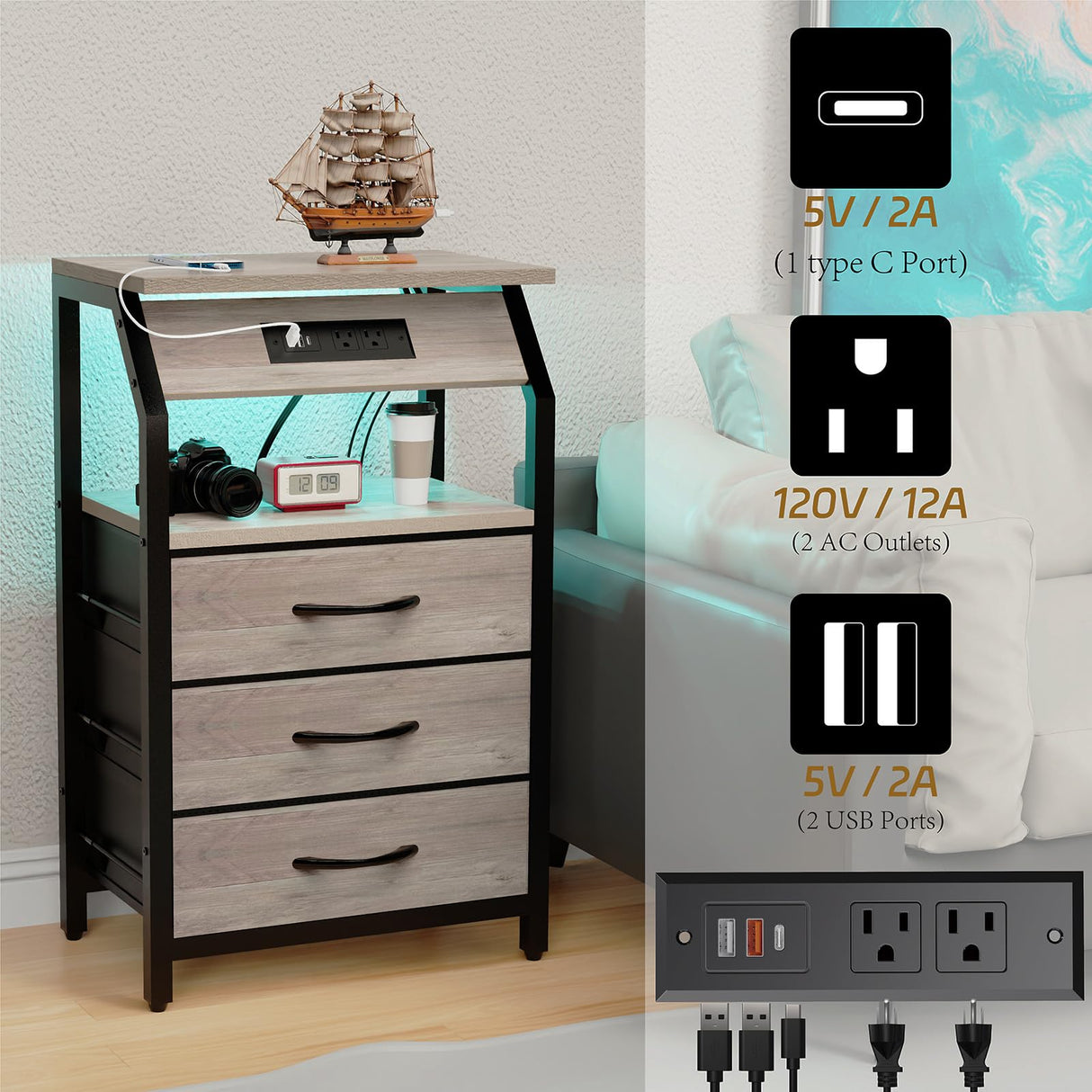 SZLHANJZ End Table with 3 Drawers, Night Stand with Charger Station and LED Lights, Small Nightstand with Fabric Storage, Farmhouse Side Table for Bedside, Living Room, Dorm, Greige SZLHANJZ