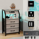 SZLHANJZ End Table with 3 Drawers, Night Stand with Charger Station and LED Lights, Small Nightstand with Fabric Storage, Farmhouse Side Table for Bedside, Living Room, Dorm, Greige SZLHANJZ