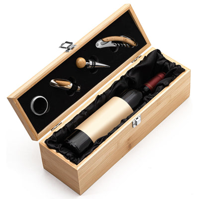 Teenyyou Wooden Wine Gift Boxes, Wine Box with 4 Wine Accessories Set, Retro Wood Single Wine Bottle Holder, Christmas Day Wine Gifts, Wine Storage Case Gift for Wine Lover Birthdays Housewarmings