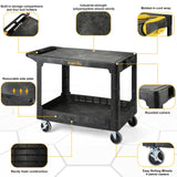 ELAFROS Large Heavy Duty Plastic Utility Cart Flat top 42.5 x 25 Inch - Work Cart Flat Shelves and Full Swivel Wheels Holds up to 550 lbs - 2 Tier Service Cart for Warehouse,Garage, Cleaning Black ELAFROS