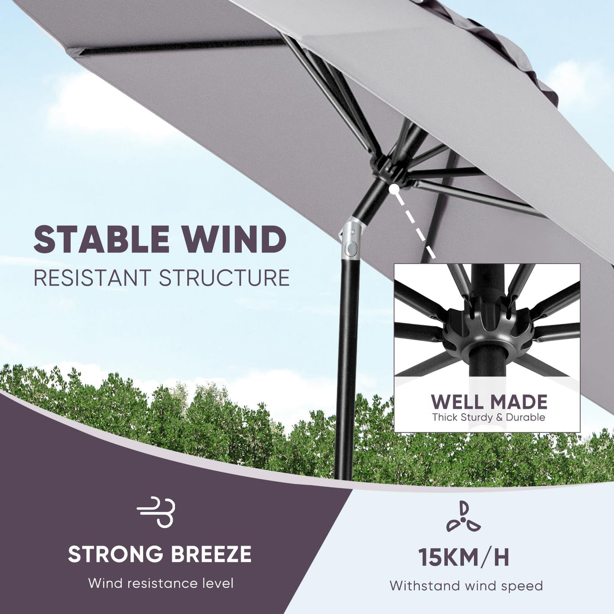 Tempera 9ft Patio Market Outdoor Table Umbrella with Push Button Tilt and Crank,Large Sun Umbrella with Sturdy Pole&Fade resistant canopy,Easy to set, Grey Tempera