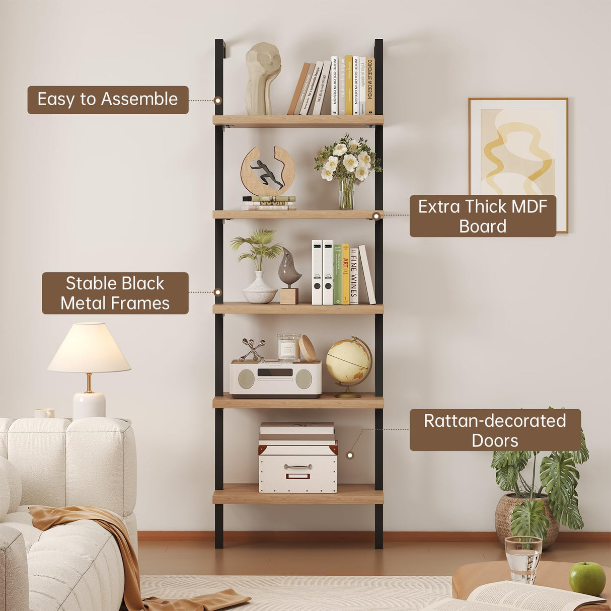 Airynee Ladder Bookshelf, 5 Tier Book Shelf, Wall Mount Bookshelves and Bookcases with Metal Frame, Anti Dump, Tall Bookcase for Living Room, Home Office, Bedroom Oak Airynee