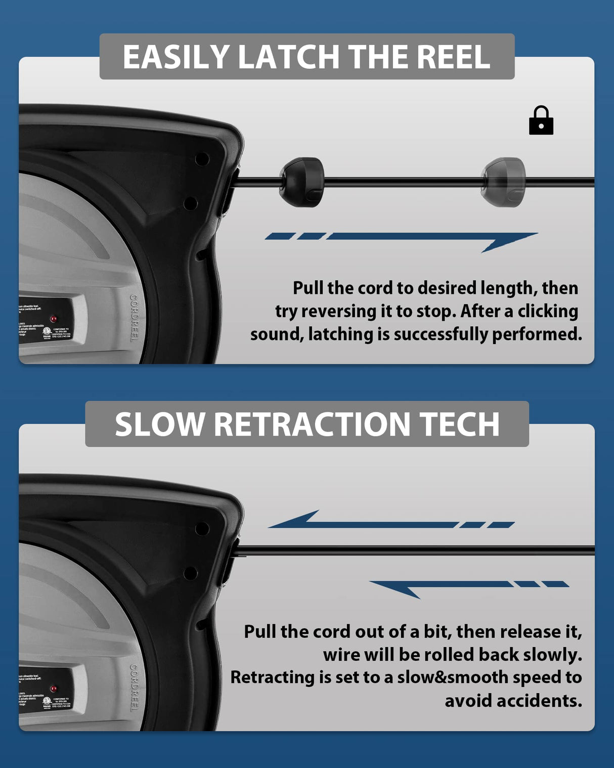 Cecarol Extension Cord Reel 12AWG/3C SJTOW 65FT Retractable Cord with Triple Tap, 15A/ 125V/ 1875W, Slow Retraction Tech, Circuit Breaker, Power Indicator, 180° Swivel (65FT, Black) Cecarol