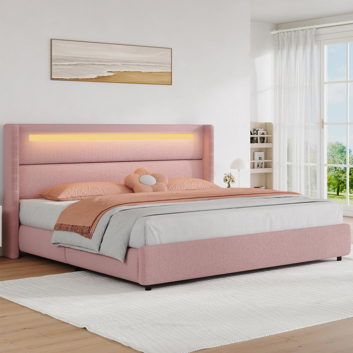 HOMBCK King Size Bed Frame with Headboard and LED Lights, Boucle Upholstered Platform Bed with Wingback Design, Modern Soft Bed Frame, No Box Spring Needed, Easy Assembly, Pink HOMBCK