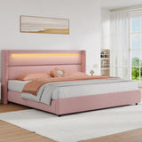 HOMBCK King Size Bed Frame with Headboard and LED Lights, Boucle Upholstered Platform Bed with Wingback Design, Modern Soft Bed Frame, No Box Spring Needed, Easy Assembly, Pink HOMBCK