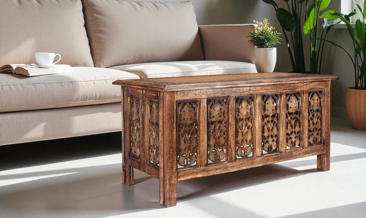 Coffee Table 36x18 Inch – Hand-Carved Solid Wood Center Table, Vintage Burnt Finish Modern Coffee Table for Living Room, Entryway Table for Magazines, Books & Plants The Wooden Town