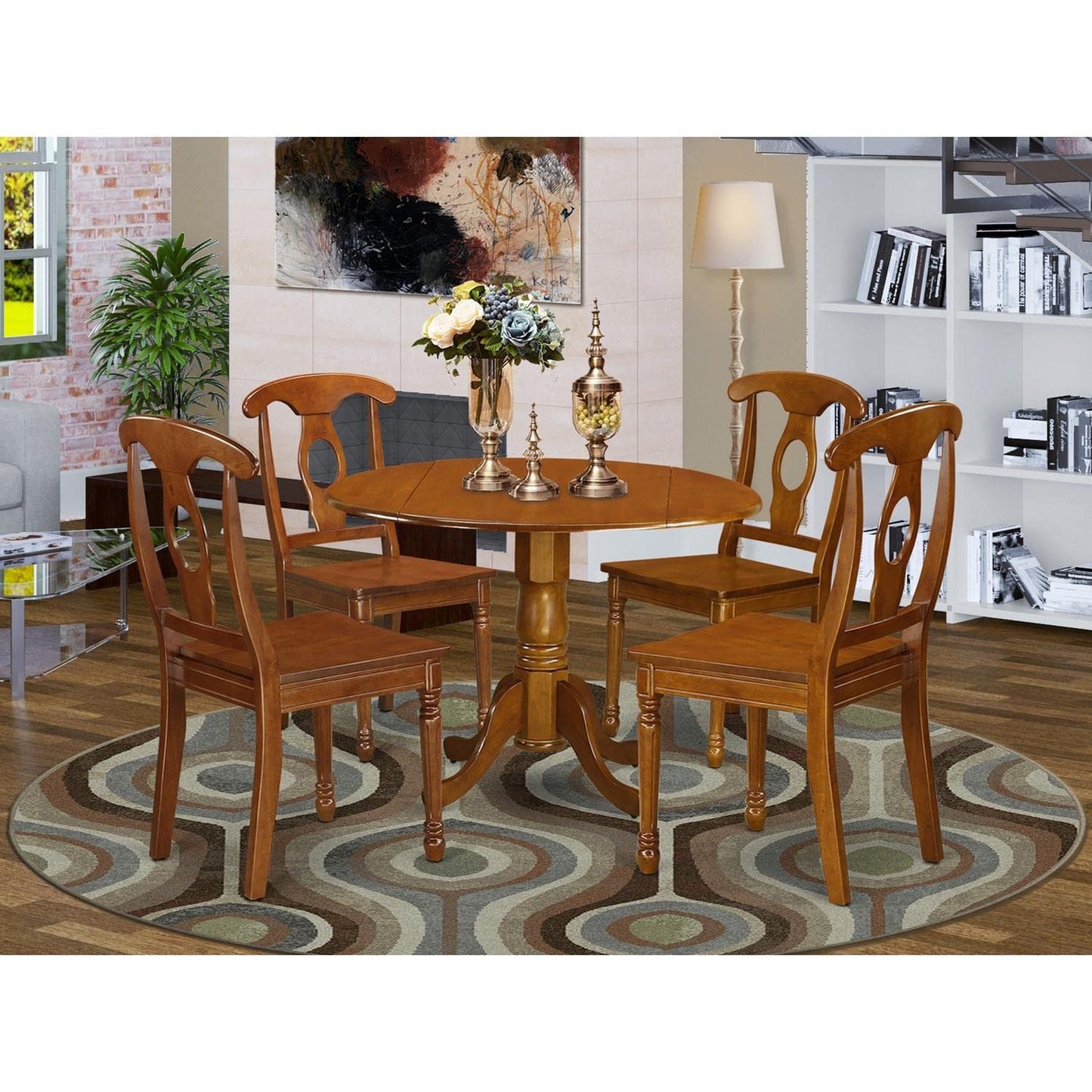 East West Furniture Dublin 5 Piece Set Includes a Round Dining Room Table with Dropleaf and 4 Wood Seat Chairs, 42x42 Inch, Saddle Brown - WoodArtSupply