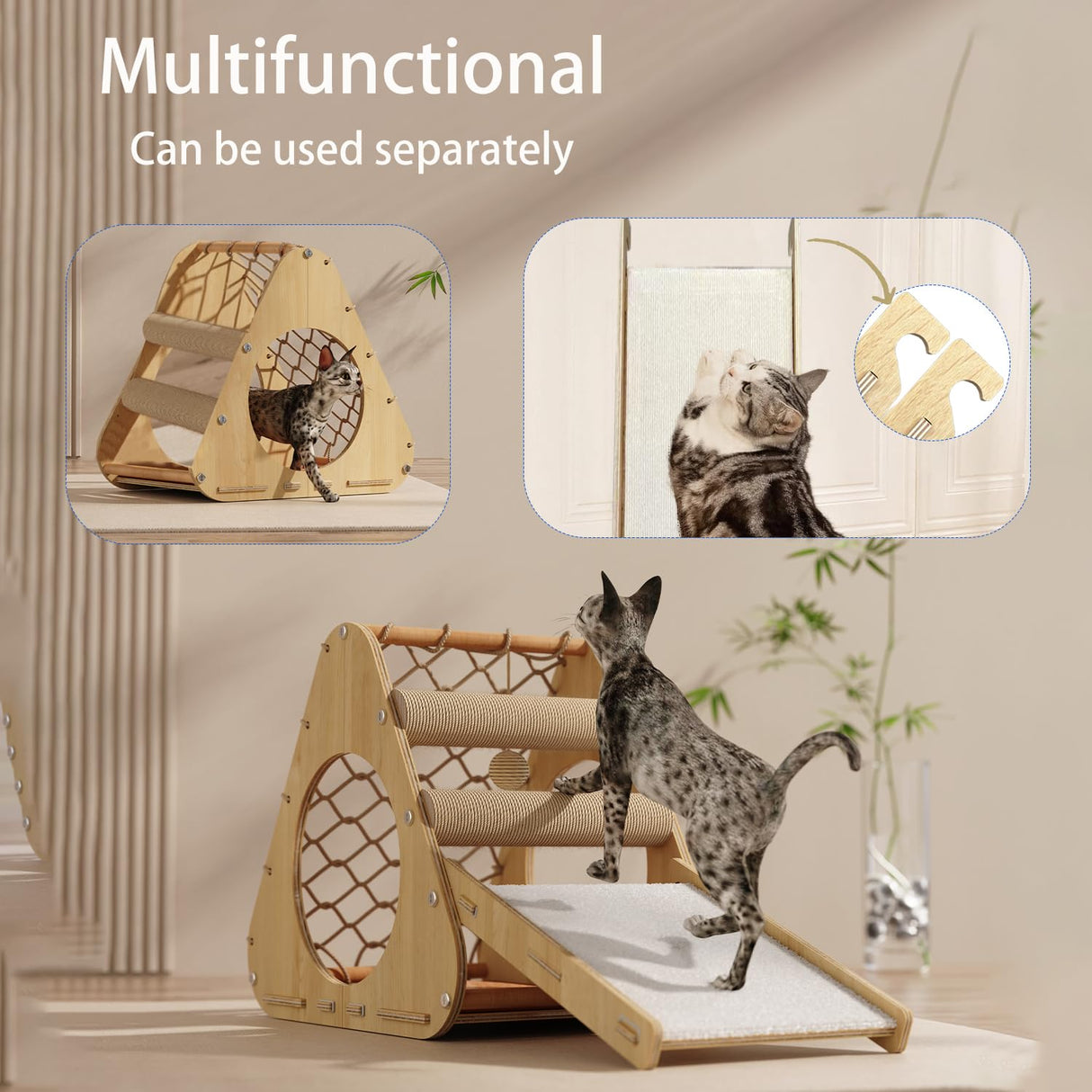 Wooden Cat Tree Tower for Indoor Cats, Scratching Post, Modern Cat Tree Cat Condo, Double-Sided Mat, Ladder with Anti-Scratch Pads, Climbing Web Compact Design (Normal) KWOJU