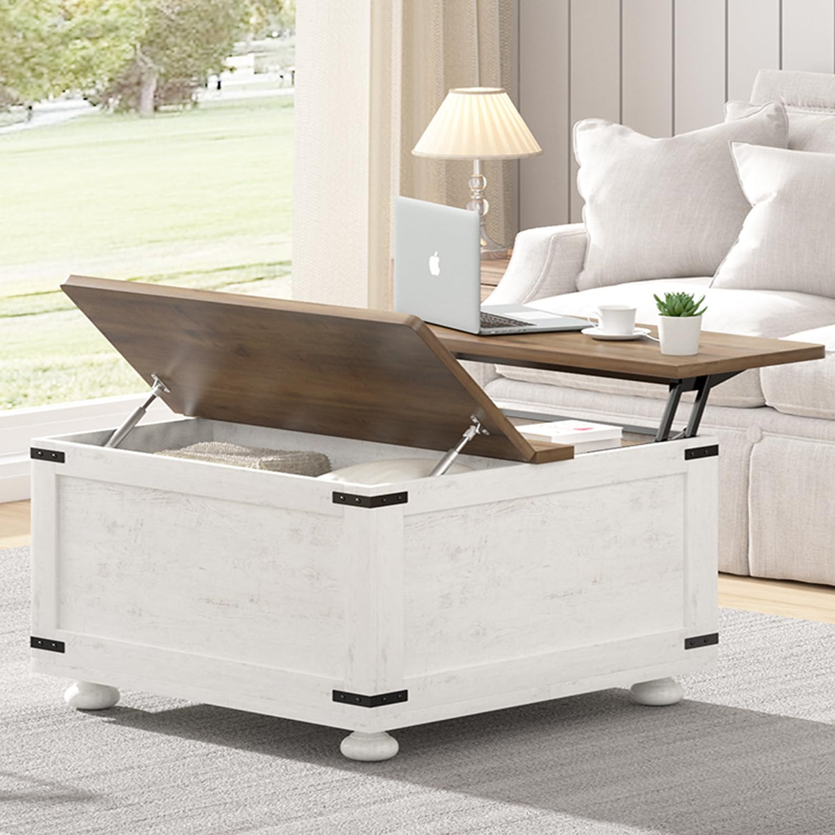 Farmhouse Lift Top Coffee Table with Storage, White Coffee Table with Hydraulic Gas Rod, Large Coffee Table with Wood Gourd Feet, Square Coffee Table with Large Hidden Storage for Living Room MaverickFurni