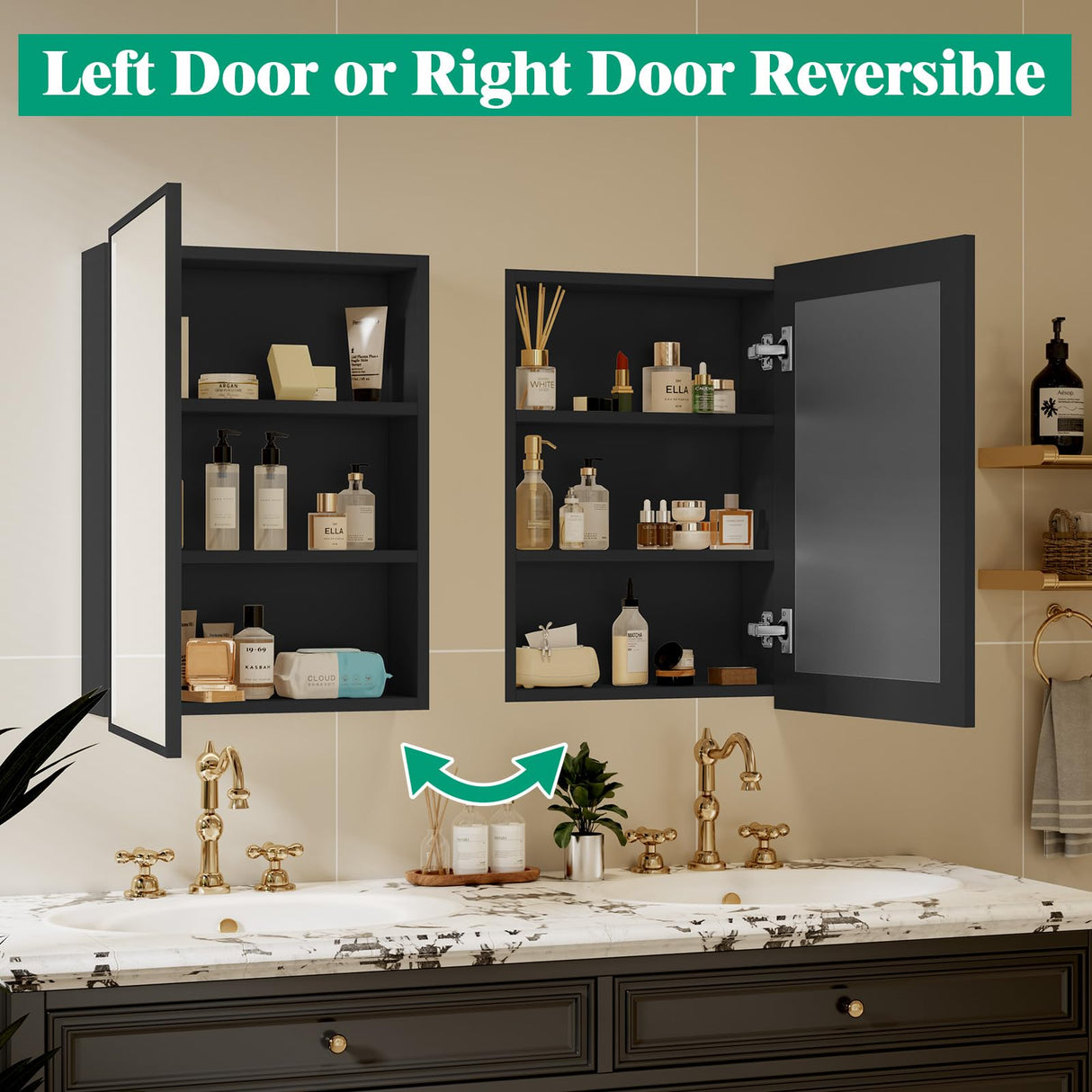 JBLCC Medicine Cabinet with Mirror (Full Assembled), 16''x22'' Aluminum Bathroom Mirror with Storage, Wall Mounted or Recessed Medicine Cabinet, Black JBLCC