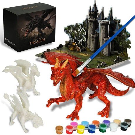 whatstem Kids Arts Crafts Set - Dragon Toys Painting Kit with 3 Dragons Figurines and 3D Jigsaw Puzzle Castle, Best Tween Paint Gift to Create Own Powerful Dragon whatstem