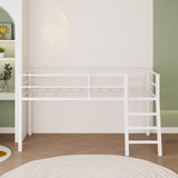 Lutown-Teen Loft Bed Twin Size, Low Junior Metal Twin Loft Bed with Stairs and Safety Guard, Noise Free and Space Saving, White Lutown-Teen