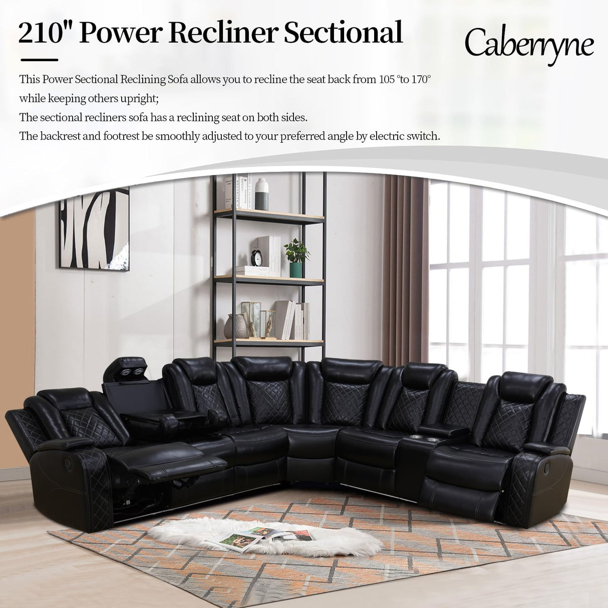 Power Recliner Sofa Sectional Couches with LED Light for Living Room,Leather Reclining Corner Sectional Sofa Set with 3 Recliner Seats,Cup Holder,Storage Console for House/Home Theater, Black Caberryne