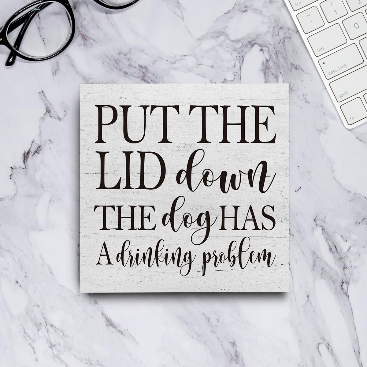 mmiishe Put the Lid Down the Dog Has a Drinking Problem Wooden Box Sign Decorative Funny Bathroom Wood Box Sign Home Decor Rustic Farmhouse Square Desk Decor Sign for Shelf 5 x 5 Inches