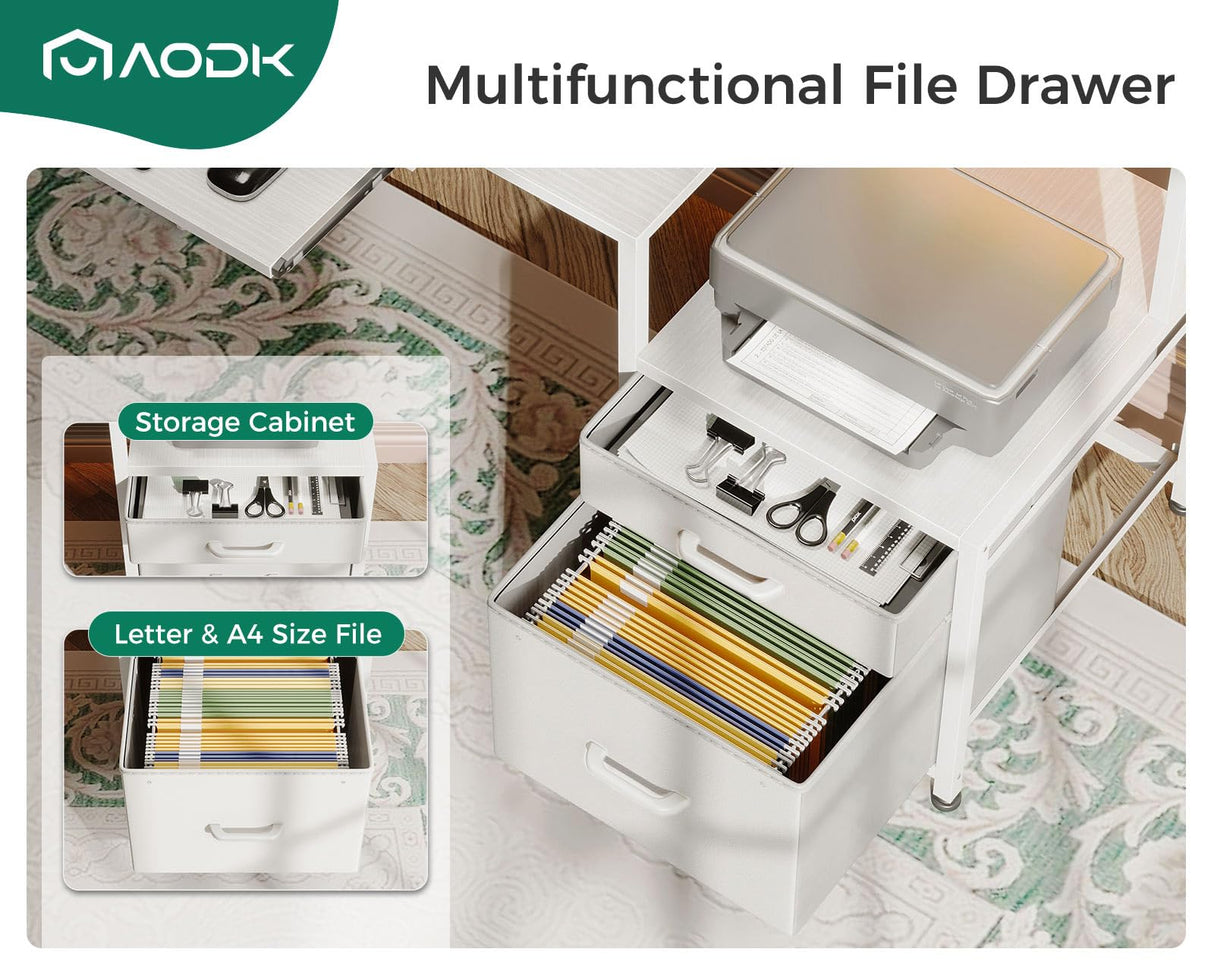 AODK 63" Computer Desk with Fabric File Cabinet and Drawer, Reversible Office Desk with Power Outlet and LED Light, Study Desk with Printer Stand, Keyboard Tray, Full Monitor Riser and PC Stand, White AODK