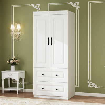 Keloyid Armoire Wardrobe Closet: Wood White Bedroom Armoire Storage Cabinet for Large Capacity with 2 Doors, Tall Armoire and Wardrobe Closet with 2 Drawers & Hanging Rail