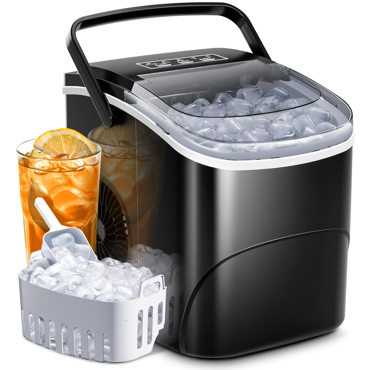AGLUCKY Ice Makers Countertop with Handle,26.5Lbs/24H,9 Cubes in 6 Mins,2 Sizes of Bullet Ice,Portable Machine with Self-Cleaning,Perfect for Home Kitchen(Black) AGLUCKY