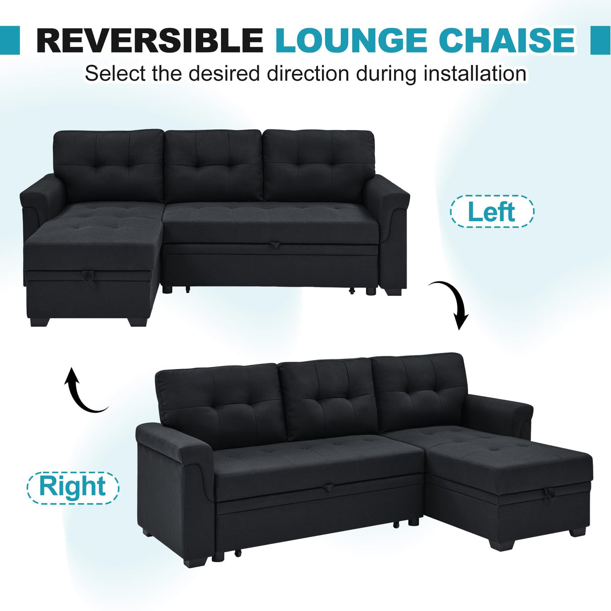 Lyngins L Shaped 3 Seat Sofa Bed with Storage, 86" Sleeper Sofa Couch with Pull Out Chaise Sectional Couch for Apartment, Bedroom, Living Room, Black Lyngins