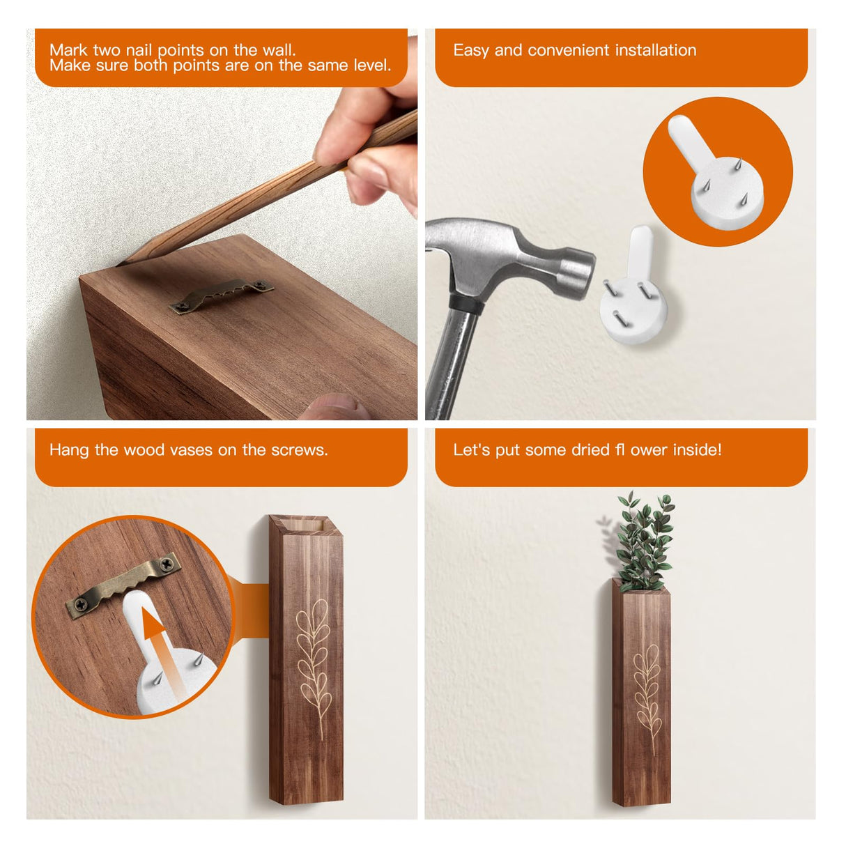 4 Pack Wood Indoor Wall Planter, Modern Wall Decor for Living Room Bedroom, Farmhouse Pocket Wall Vases for Dried Flowers and Faux Greenery Plants - Brown BOTOP