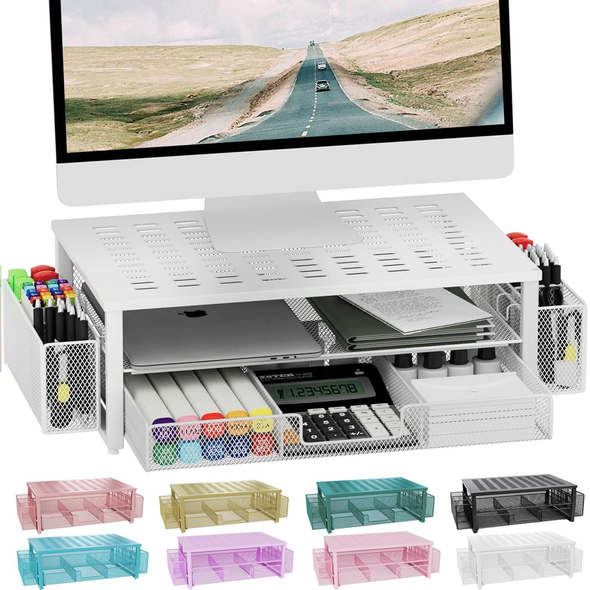 gianotter Monitor Stand Riser, Desk Organizer with Drawer and Pen Holder, 2-Tier Computer Stand, Desk Accessories & Workspace Organizers(White) gianotter